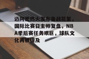 关于迈阿密热火发布备战花絮，国际比赛日主帅复盘，NBA季后赛任务艰巨，球队文化再被提及的信息